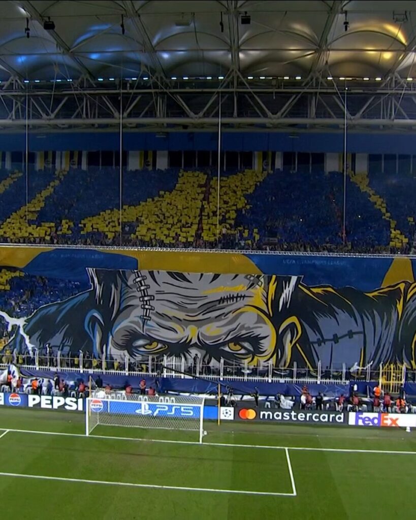 Fenerbahçe supporters display a giant Frankenstein tifo before the Champions League match against Roma