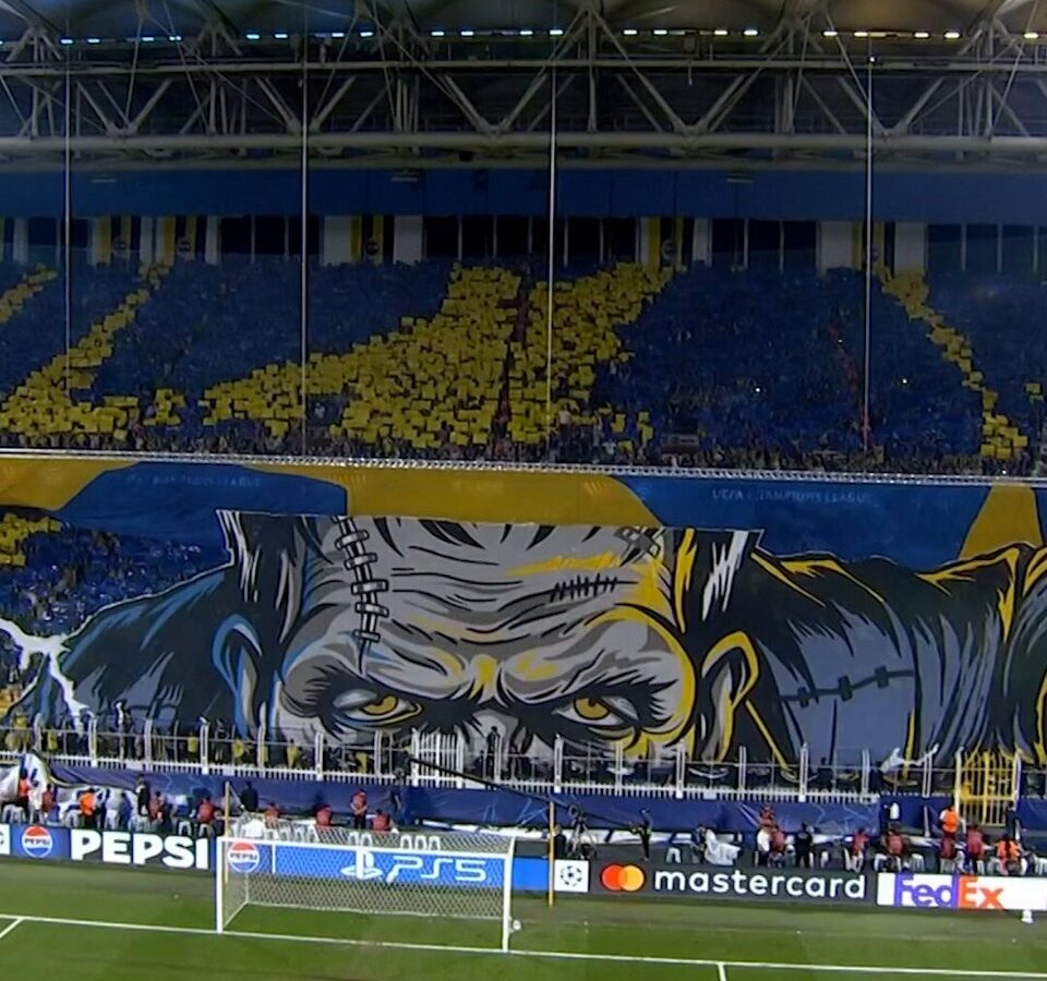 Fenerbahçe supporters display a giant Frankenstein tifo before the Champions League match against Roma